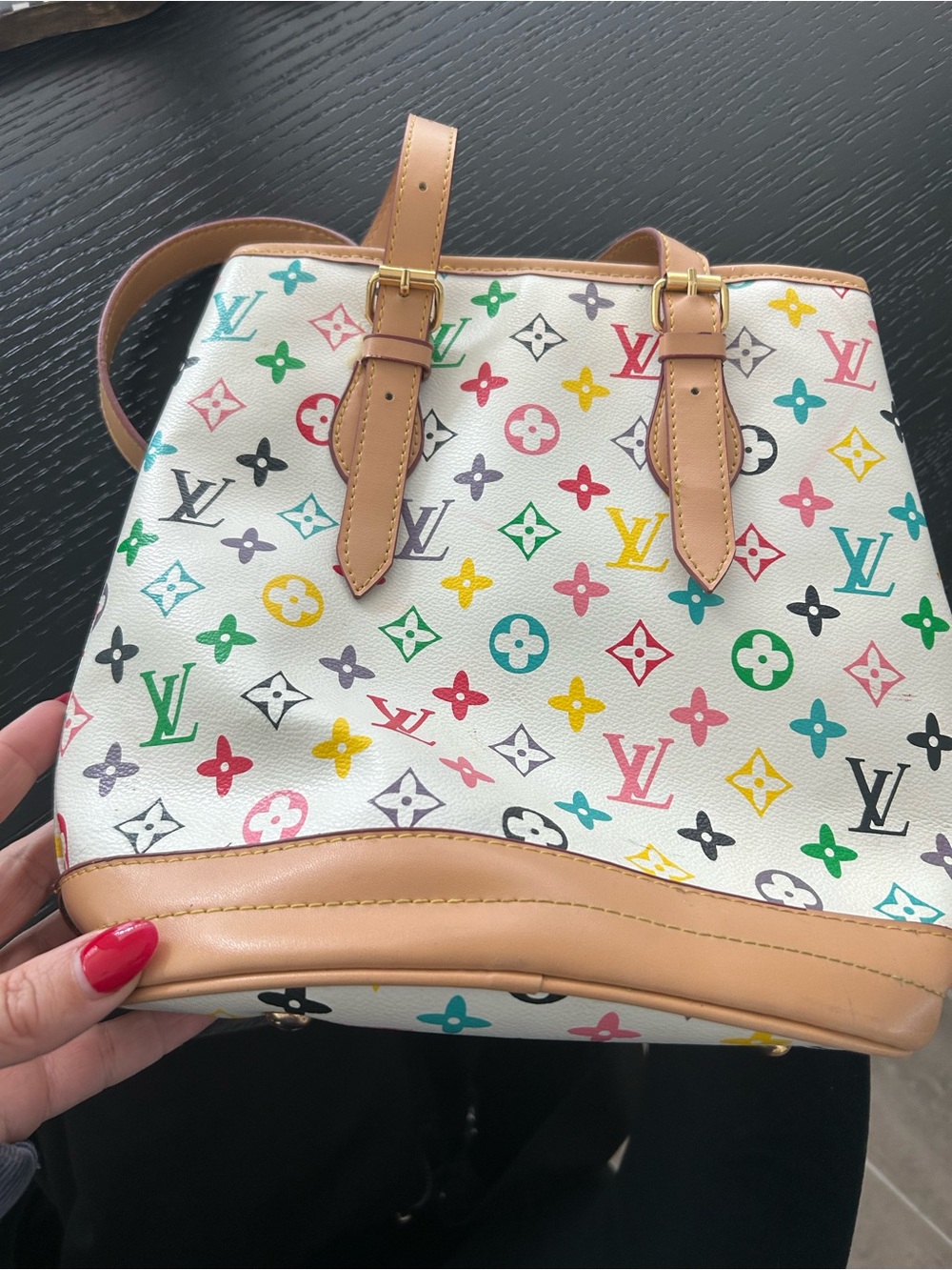 White Multicolor Monogram Shoulder Bag with Tan Trim